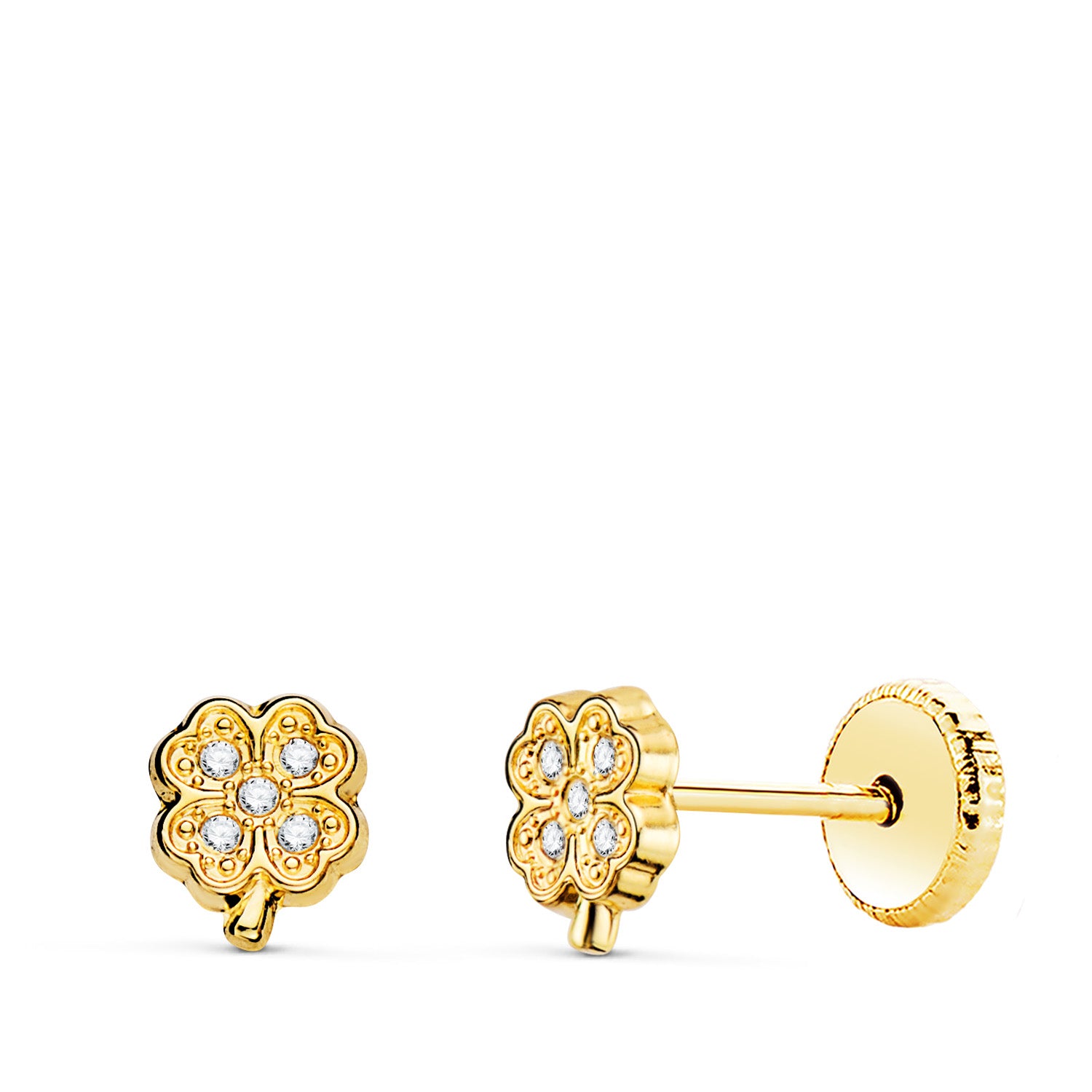 18K Boucles d'oreilles Or Jaune Trefle avec Zircons 5,5 X 4,5 mm Fermoir à Vis