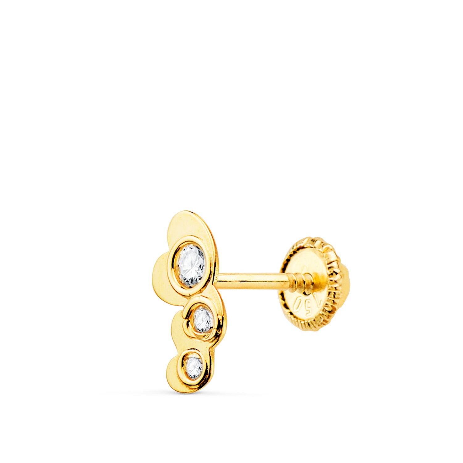 18K Piercing Oreille Trois Coeurs avec Zircons. 7X3MM