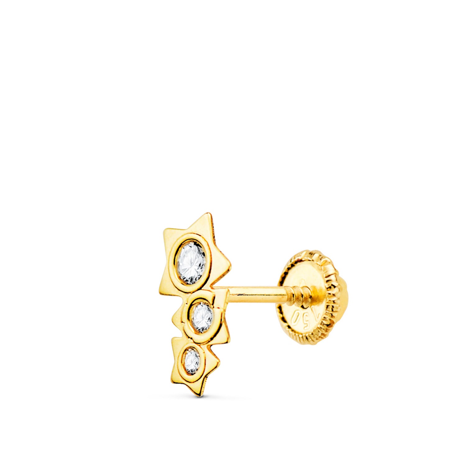 18K Piercing Doreille Or Jaune Trois Étoiles avec Zircons 7X3 mm
