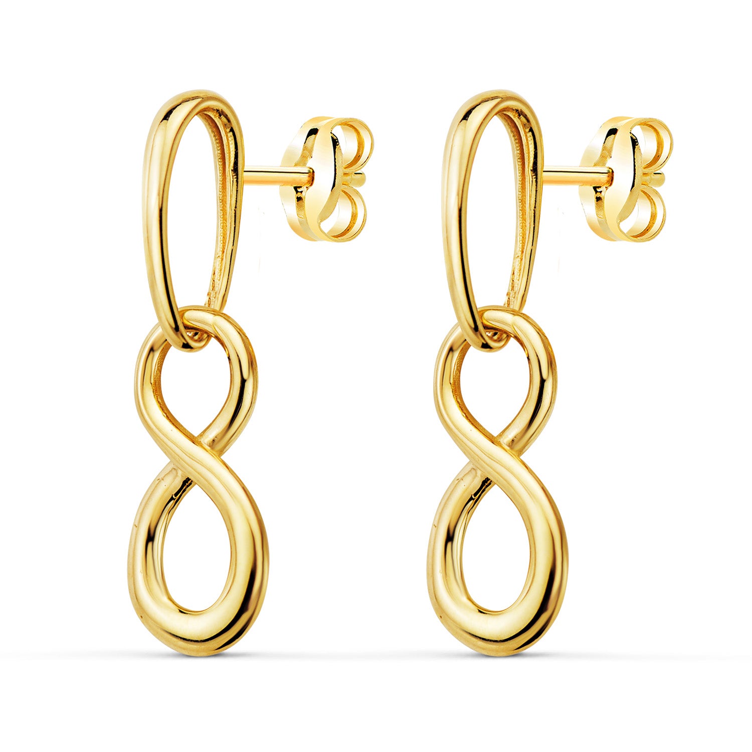 18K Yellow Gold Two Bodies Infinity Pendant Earrings. Stroller clasp 25 x 8 mm