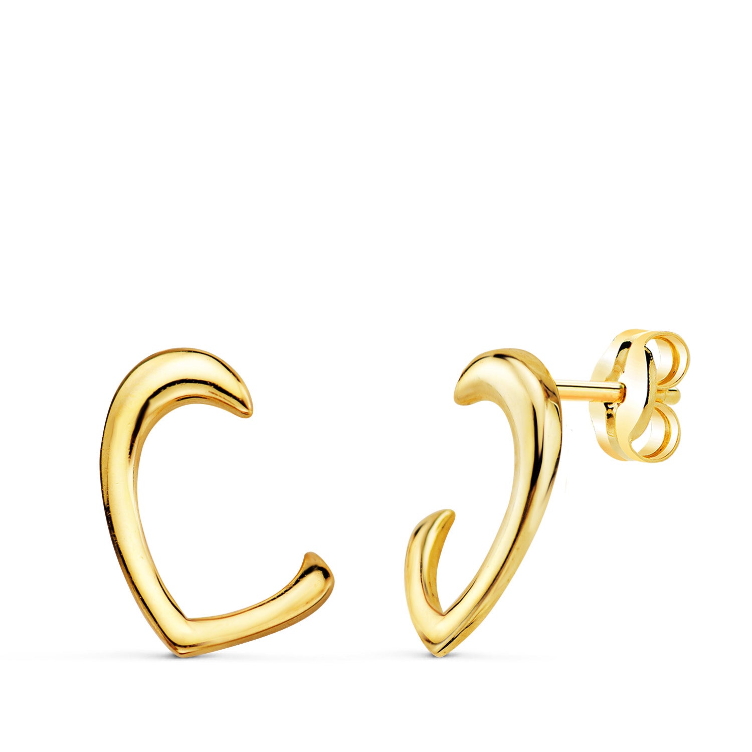18K Boucles d'oreilles en Or Jaune Demi-coeur Brillant. Fermoir Poussettes 12 X 11 mm
