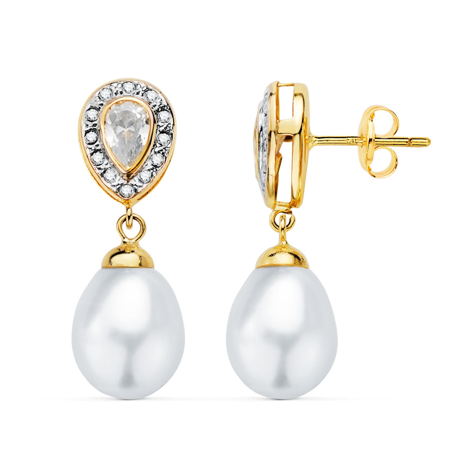 Brincos de ouro bicolor 18K com pérolas e zircônia fecho borboleta 25 x 8 mm