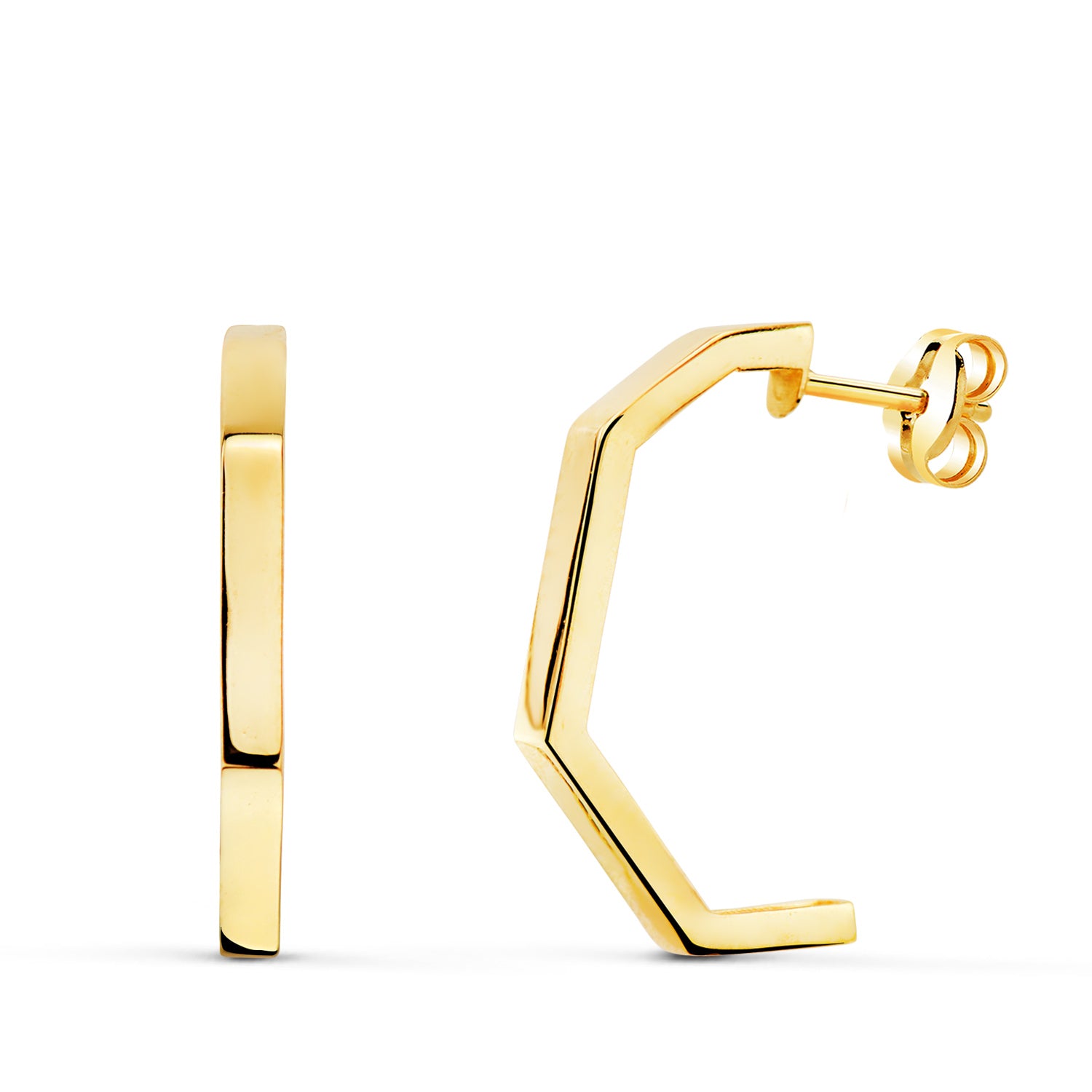 18K Yellow Gold Earrings Half Open Hoops 4 Sections Brilliant 19X2MM Butterfly Stroller Clasp