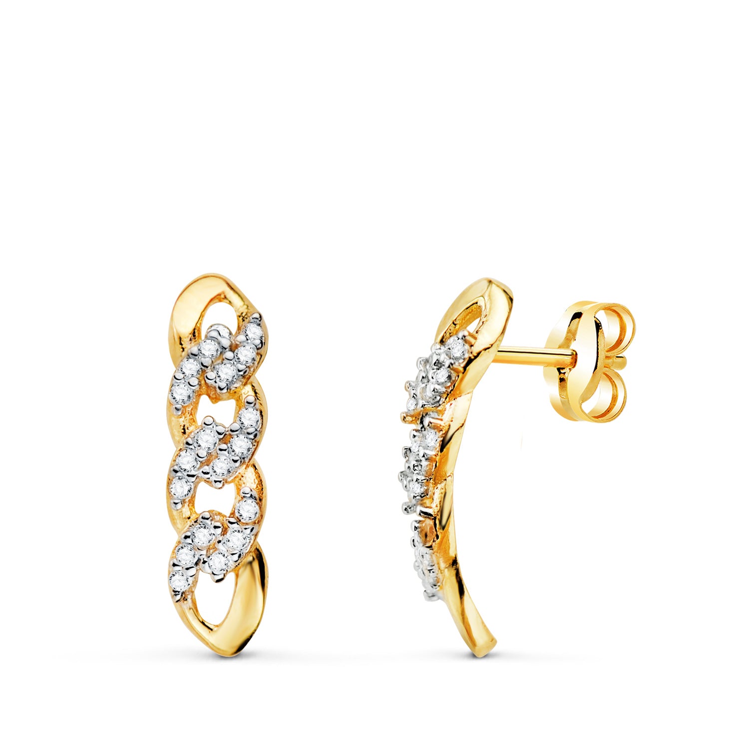 Pendientes Oro Bicolor 18K con Eslabones de Circonitas Cierre Mariposa 16 X 4MM