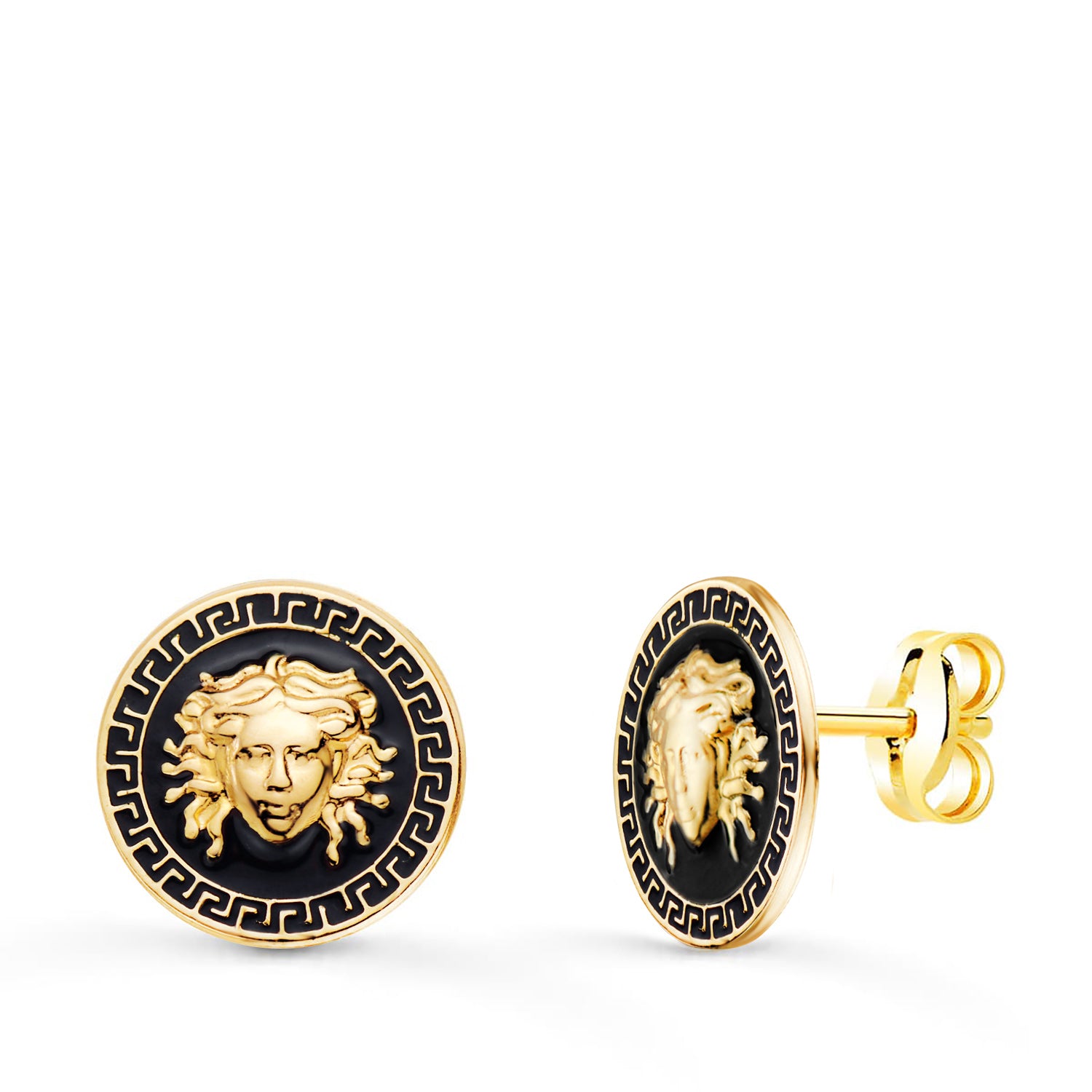 Boucles d'oreilles Méduse Or Jaune 18K et Émail Noir Greca Largeur Bord : 12 mm Fermoir Poussette Papillon