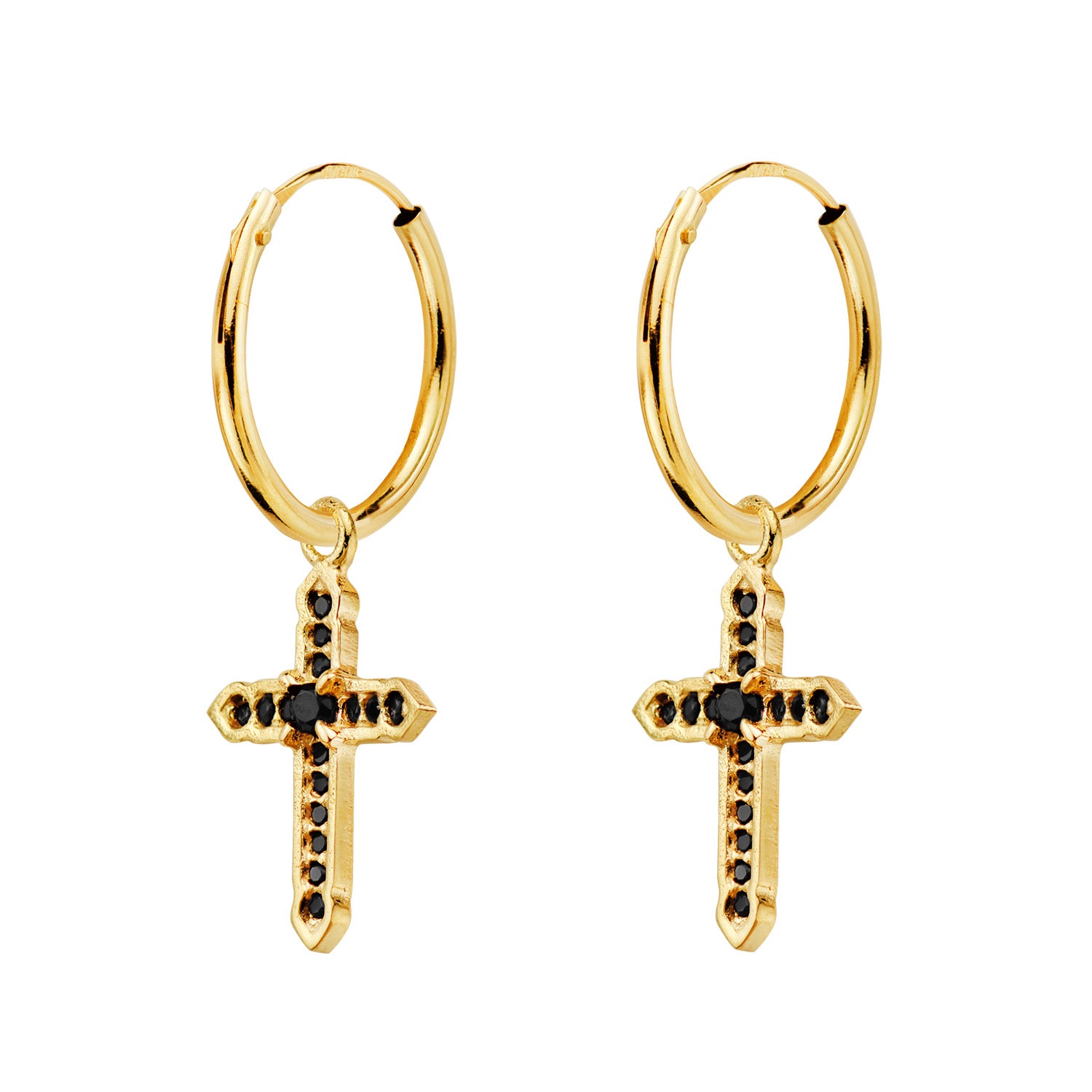 Créoles Tube en Or Jaune 18 Carats avec Pendentif Croix Zircone Noire 17X12 mm Créole 14X1 mm