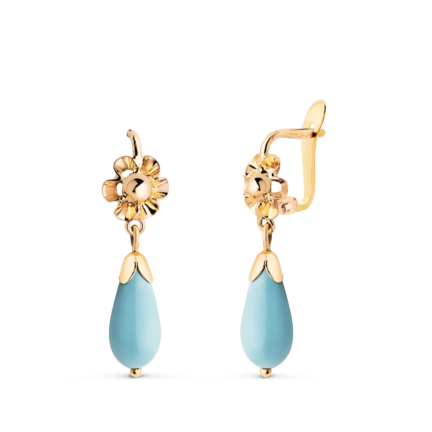 Boucles d'oreilles Or Jaune 18K Turquoise Cubaine Taille : 22X6,5 mm Fermoir Catalan