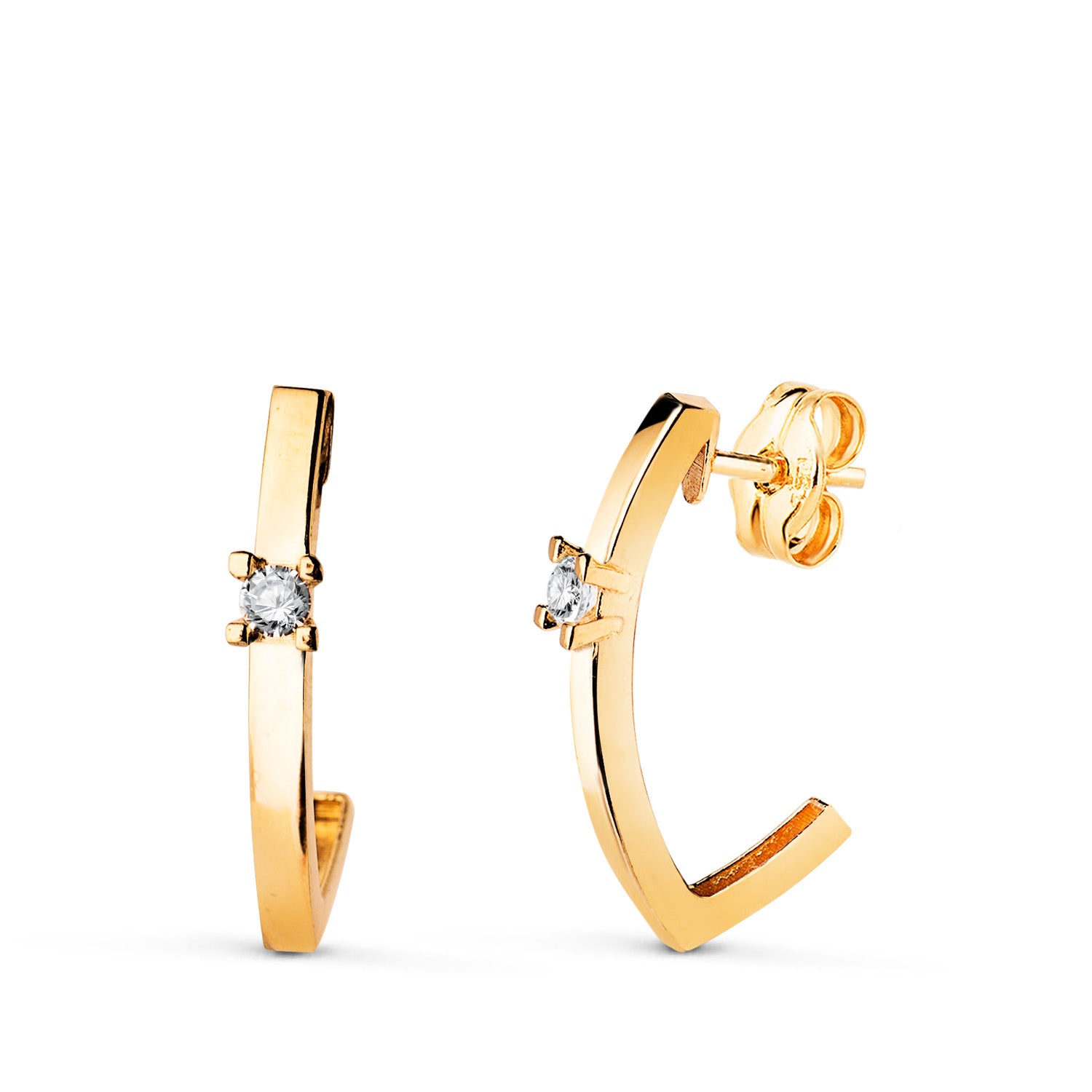 Boucles d'oreilles Or Jaune 18K Demi Créoles Lisses avec Bande de Zircone 16 X 3 mm Fermeture à Pression