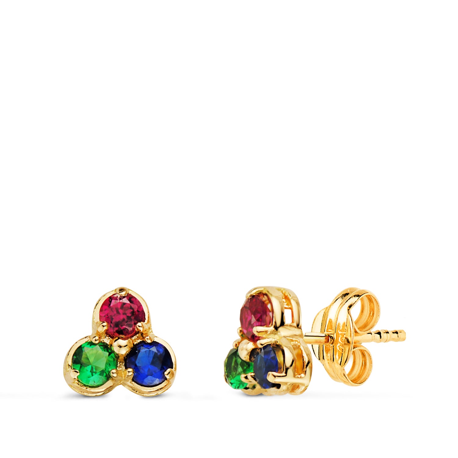 Boucles d'oreilles Or Jaune 18K Trèfle Pierres Colorées 7 X 6,5 mm Fermoir Poussettes Papillon