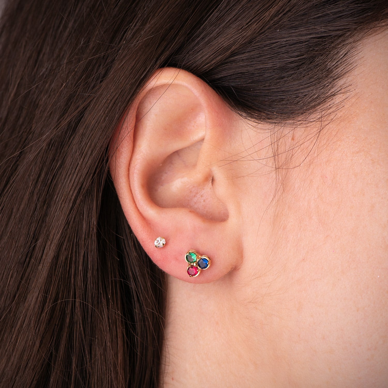 Boucles d'oreilles Or Jaune 18K Trèfle Pierres Colorées 7 X 6,5 mm Fermoir Poussettes Papillon