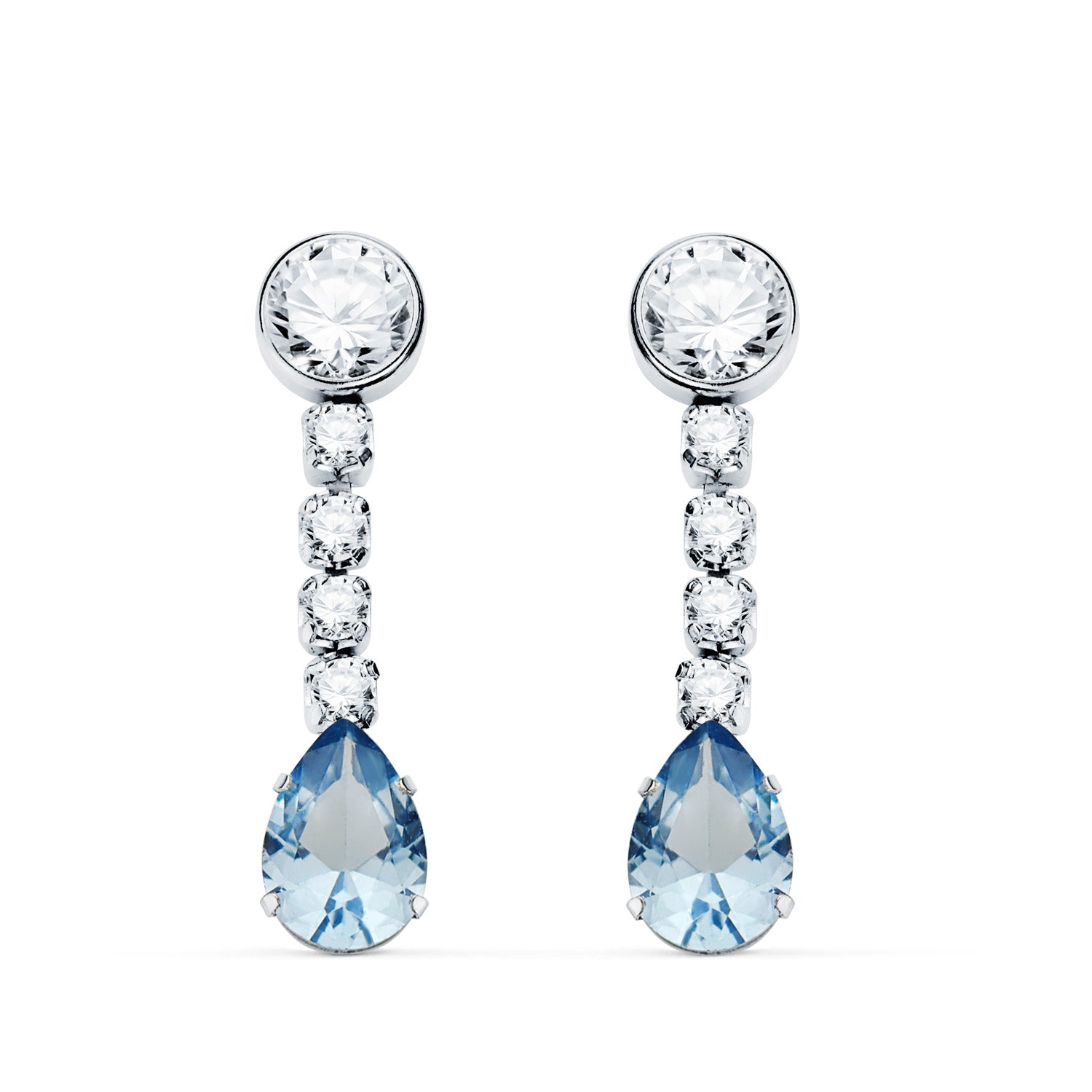 Boucles d'oreilles Eau de Mer Or Blanc 18K en Forme de Goutte et Zircone 22X5 mm Fermoir à Fermoir Pousseettes Papillon