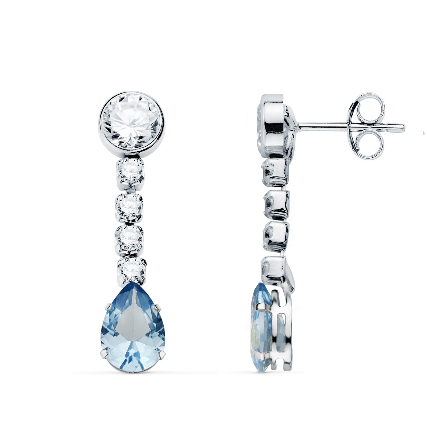 Boucles d'oreilles Eau de Mer Or Blanc 18K en Forme de Goutte et Zircone 22X5 mm Fermoir à Fermoir Pousseettes Papillon
