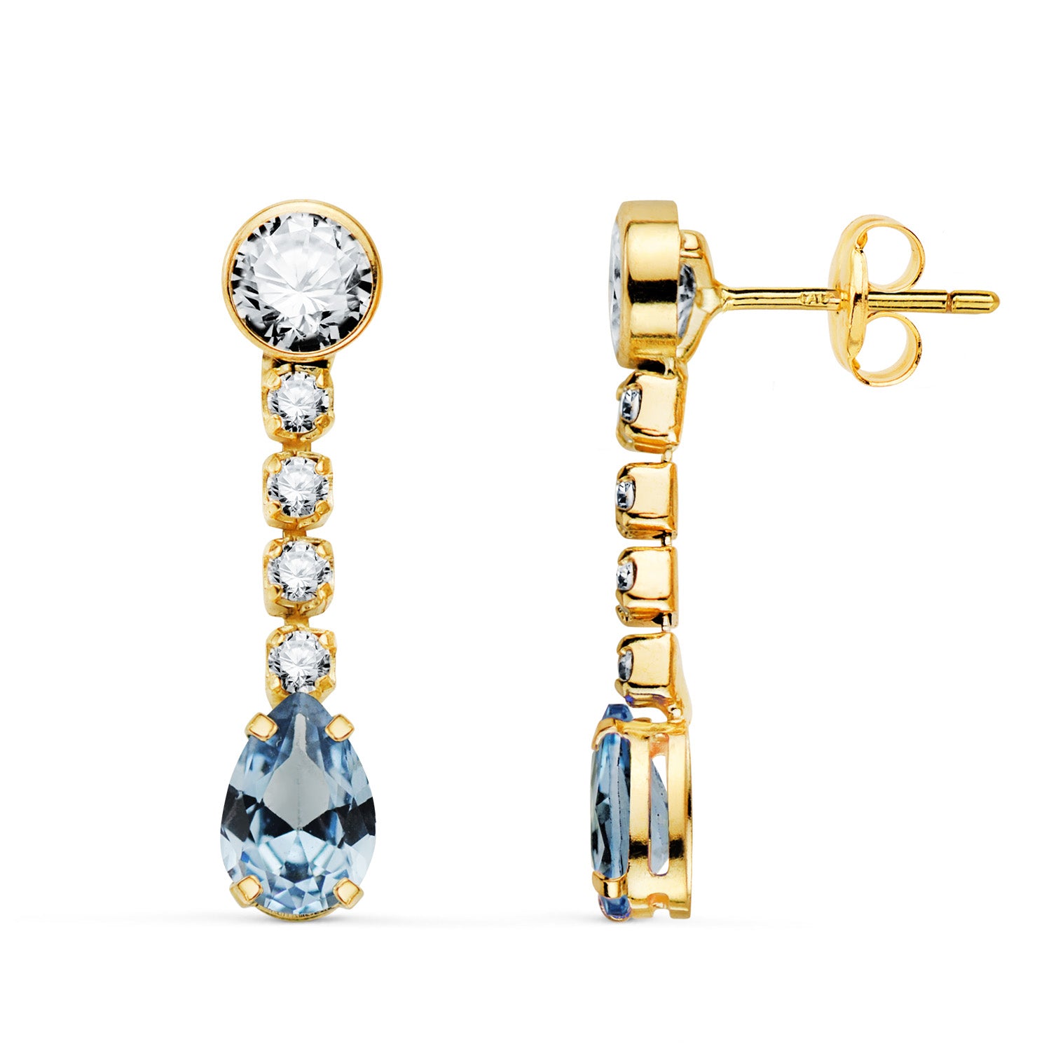 Boucles d'oreilles Pendantes en Or Jaune 18K Aigue-marine avec Zirconia 22X5 mm Fermoir Poussettes Papillon