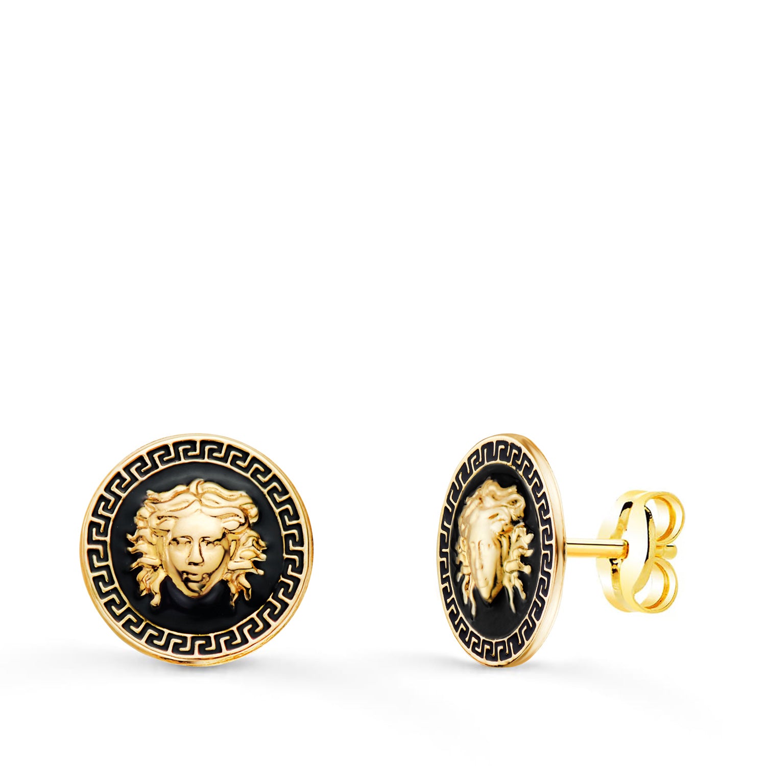 Boucles d'oreilles Méduse Or Jaune 18K et Émail Noir Greca Largeur: 10 mm Fermoir à Fermoir Pousseettes Papillon