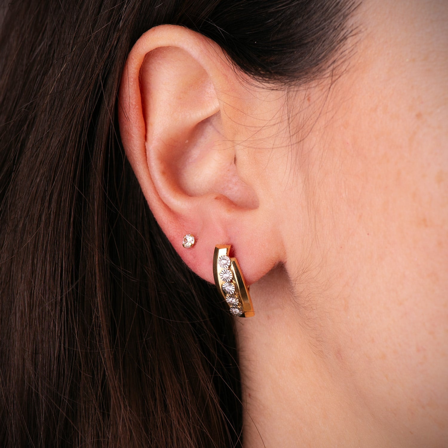 18K Two-tone Gold Earrings with Carved Round Patterned Bands 16 x 6 mm Catalan Clasp