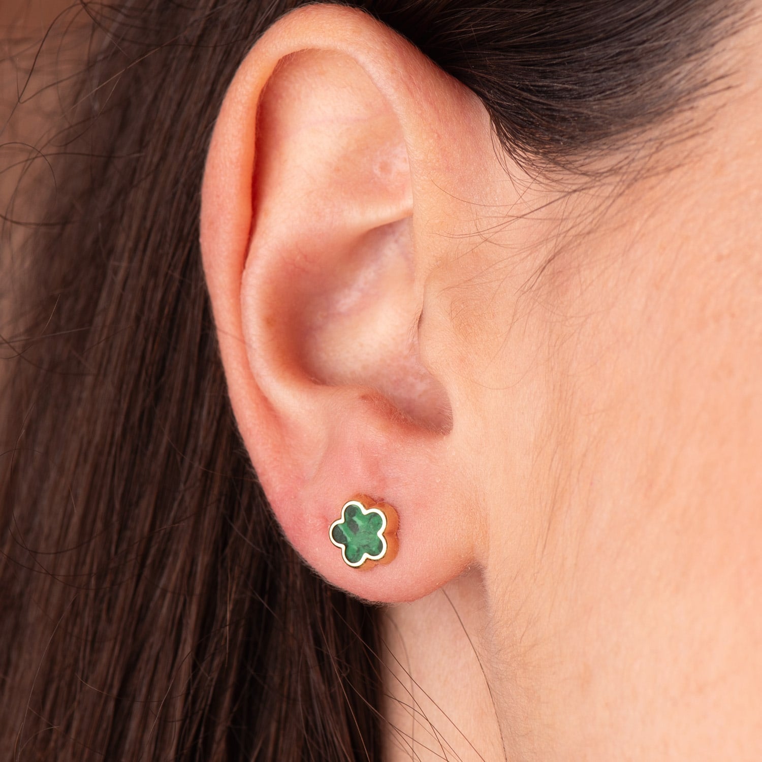 Boucles d'oreilles Fleur en Or Jaune 18K avec Malachite 7X7 mm Fermoir Poussettes Papillon