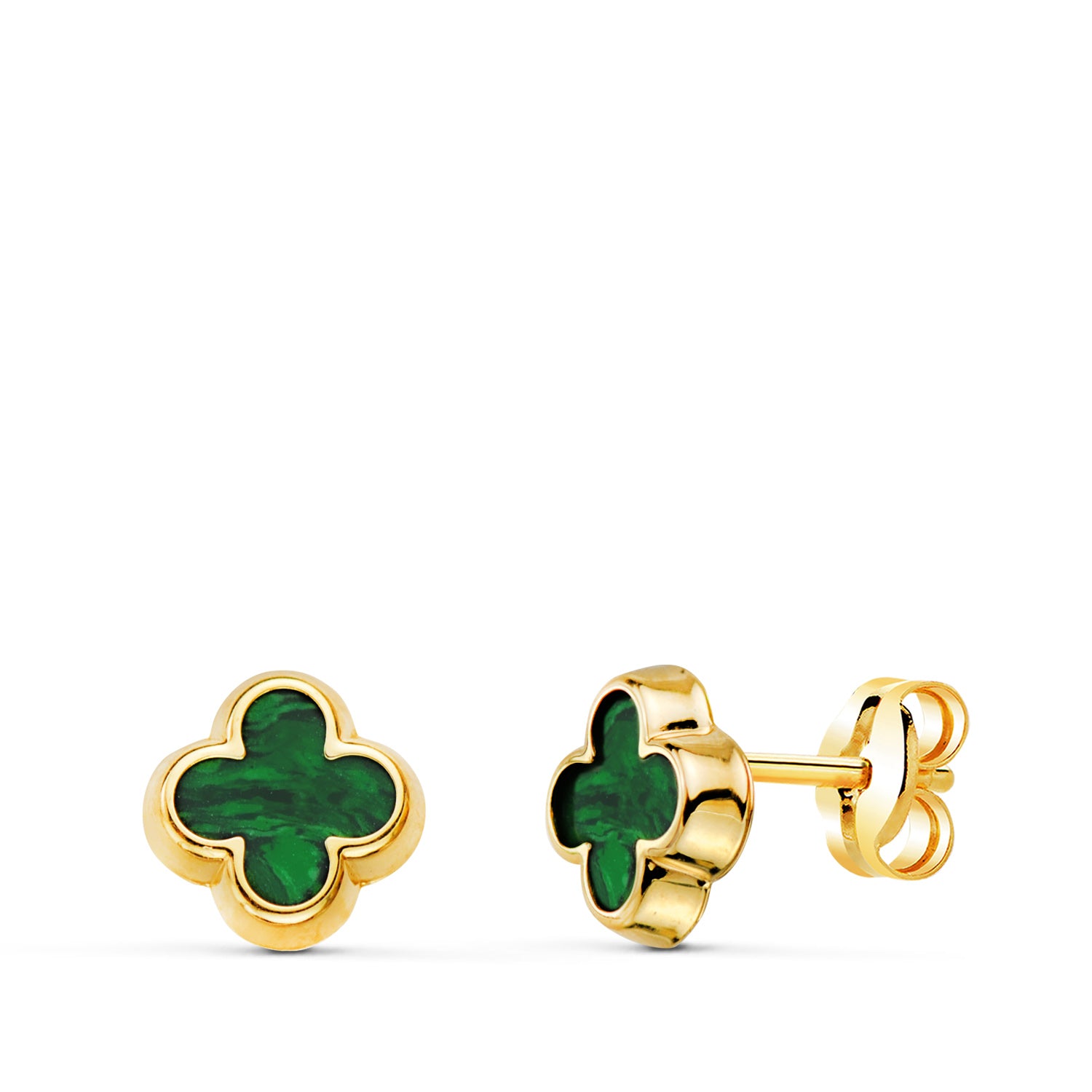 Clover øreringe i 18K gul guld med Malakit 7X7 mm sommerfugleklapvogn
