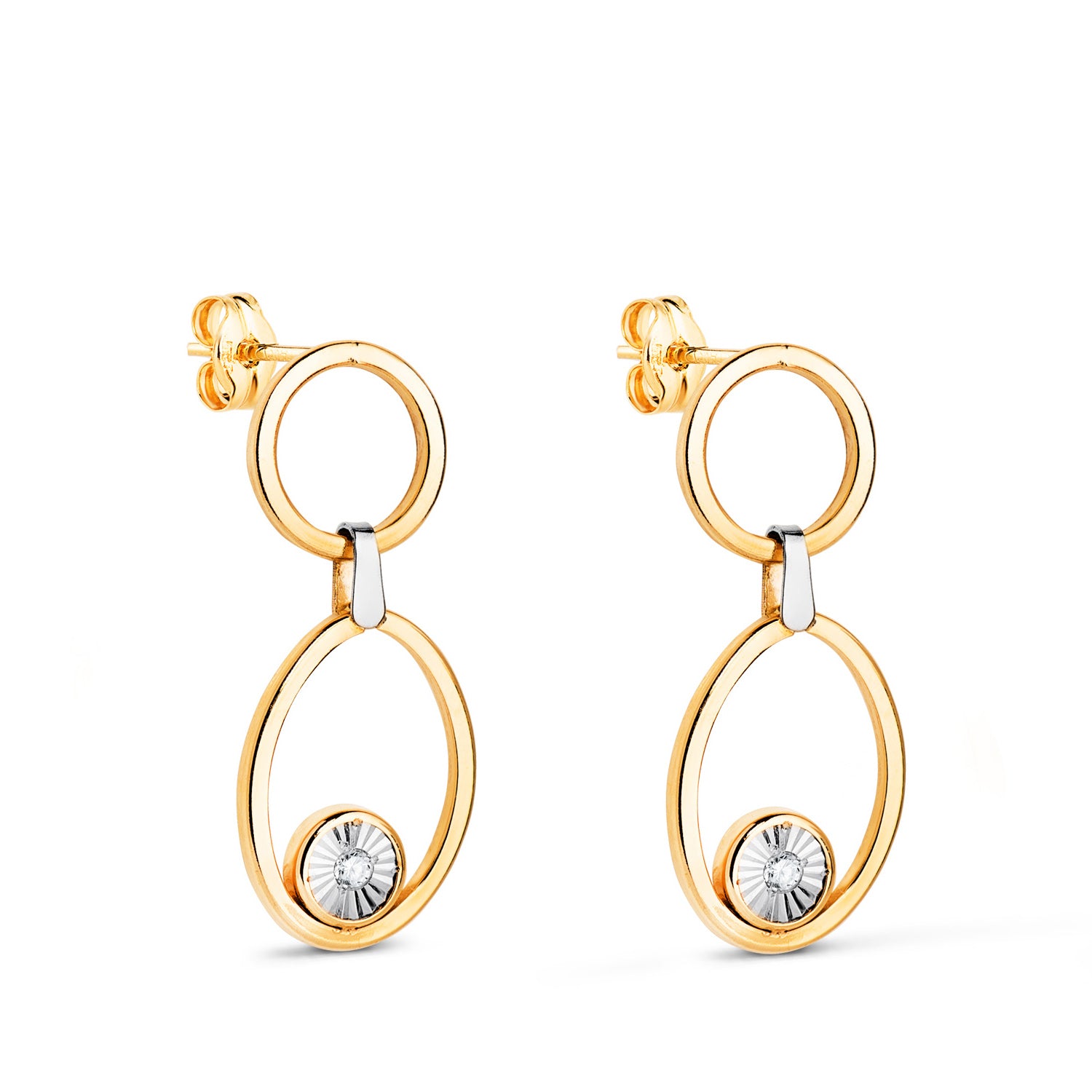 Boucles d'oreilles Longues Deux Créoles en Or Bicolore 18K avec Zircon Mesure: 23 X 10 mm Fermoir Poussettes Papillon