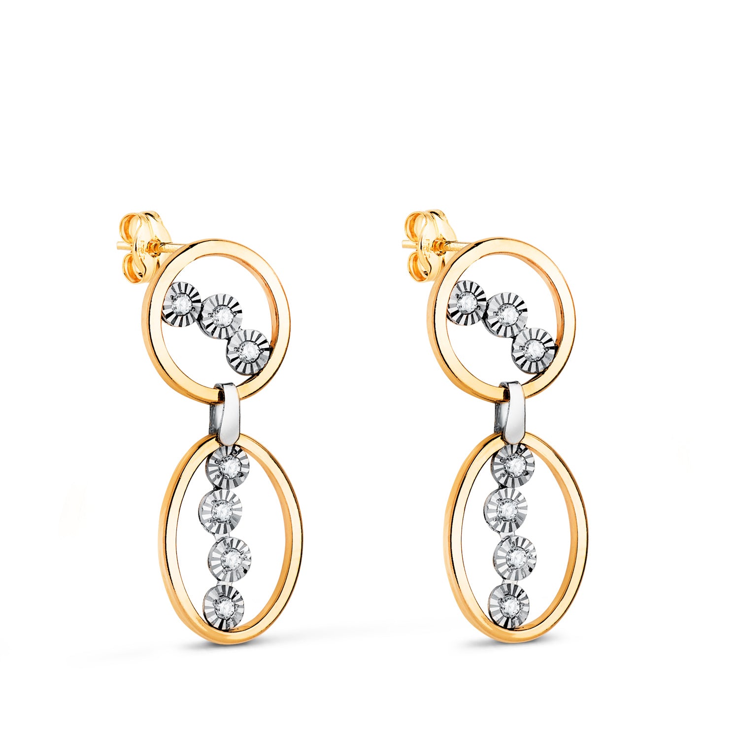 Boucles d'oreilles Longues en Or Bicolore 18K avec Deux Créoles avec Zircon Mesure: 25 X 9 mm Fermoir Poussettes Papillon