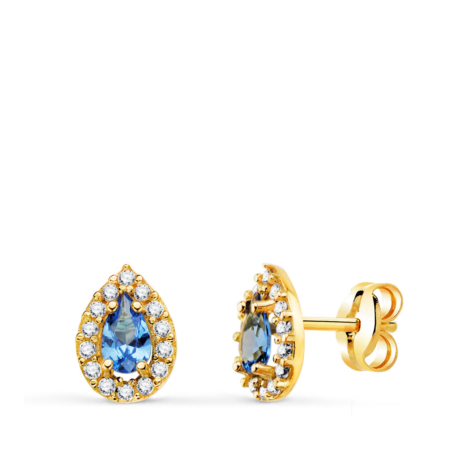 Boucles d'oreilles Or Jaune 18K avec Pierre Goutte Bleue et Zircon 8,5 X 6 mm Fermoir Poussettes Papillon