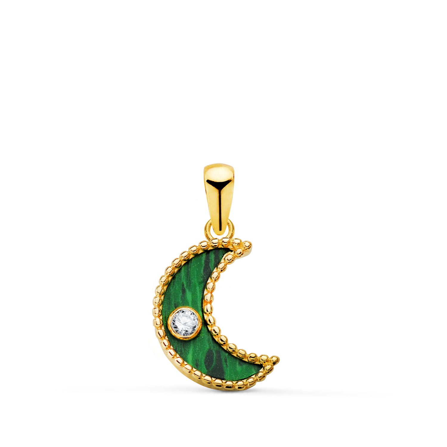 Pendentif Demi-lune en Or Jaune 18K avec Boules et Malachite avec Zircone 12,5X9,5 mm