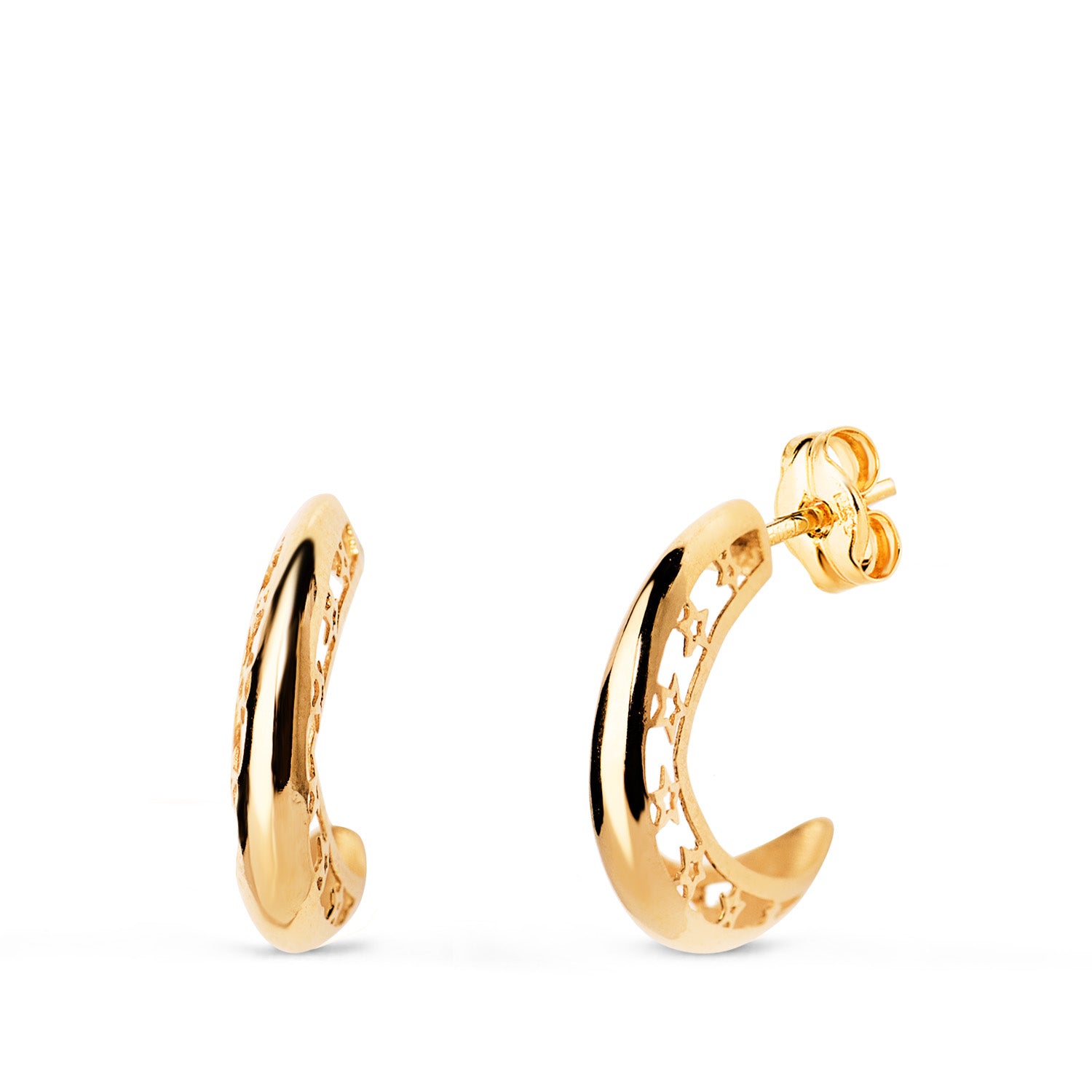 Boucles d'oreilles Creuses en Or Jaune 18K Étoiles Ajourées Taille : 12 X 3 mm Fermoir Poussettes Papillon