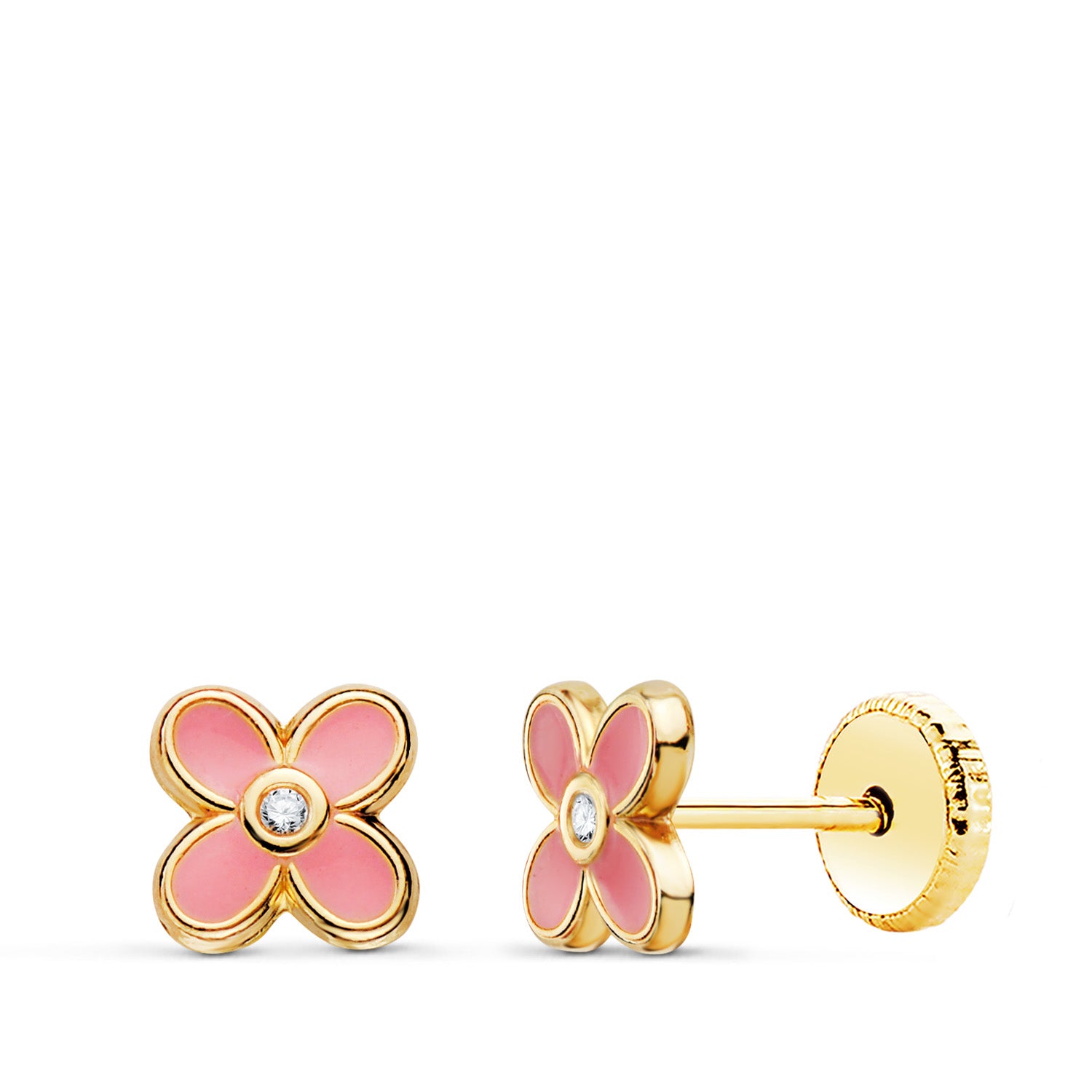 Boucles d'oreilles Or Jaune 18K Trèfle Émail Rose 6X6 mm Fermoir a Vis