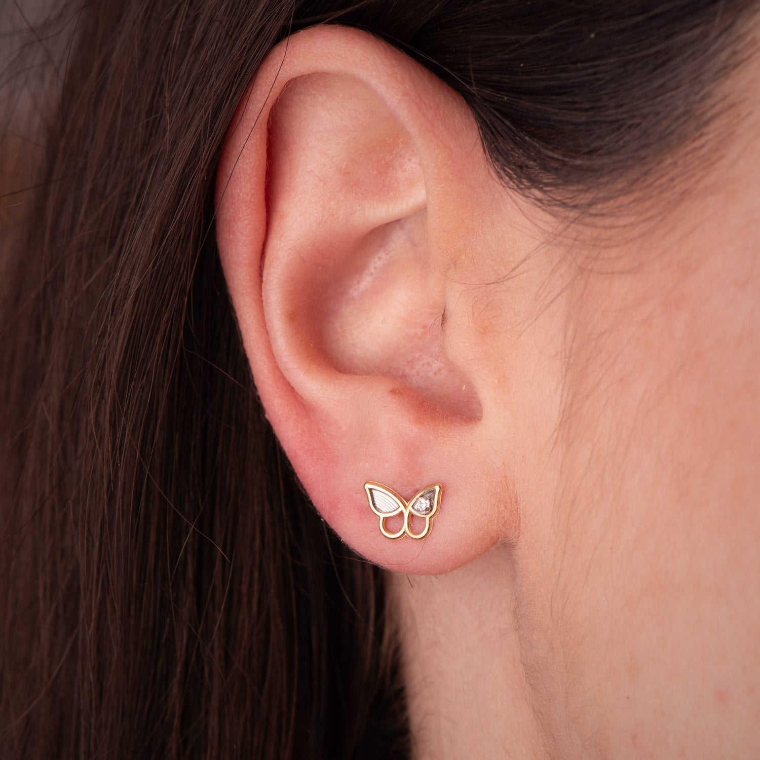 18K guld tofarvede sommerfugleøreringe med zirconia Størrelse: 8 x 6,5 mm sommerfuglelås