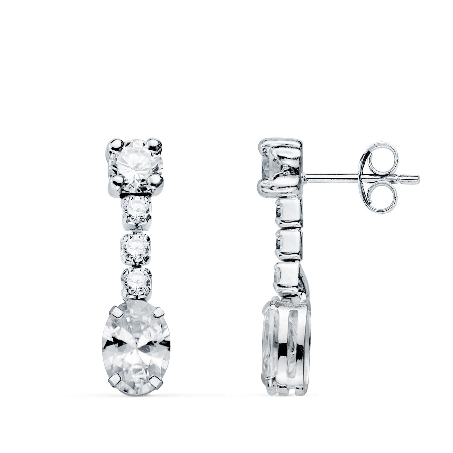 Boucles d'oreilles Or Blanc 18K Zirconia Blanc de Forme Ovale et Zirconia 20X5 mm Fermoir Poussettes Papillon