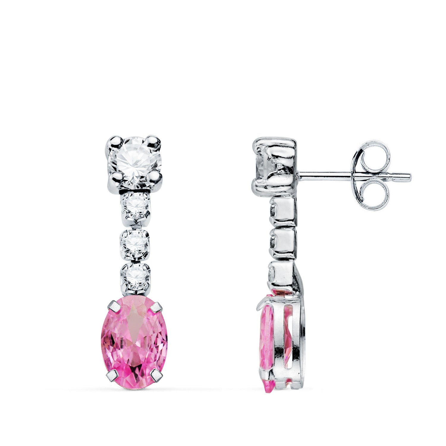 Brincos em Ouro Branco 18K com Zircão Rosa Oval e Fecho Borboleta de Zircão 20X5 mm