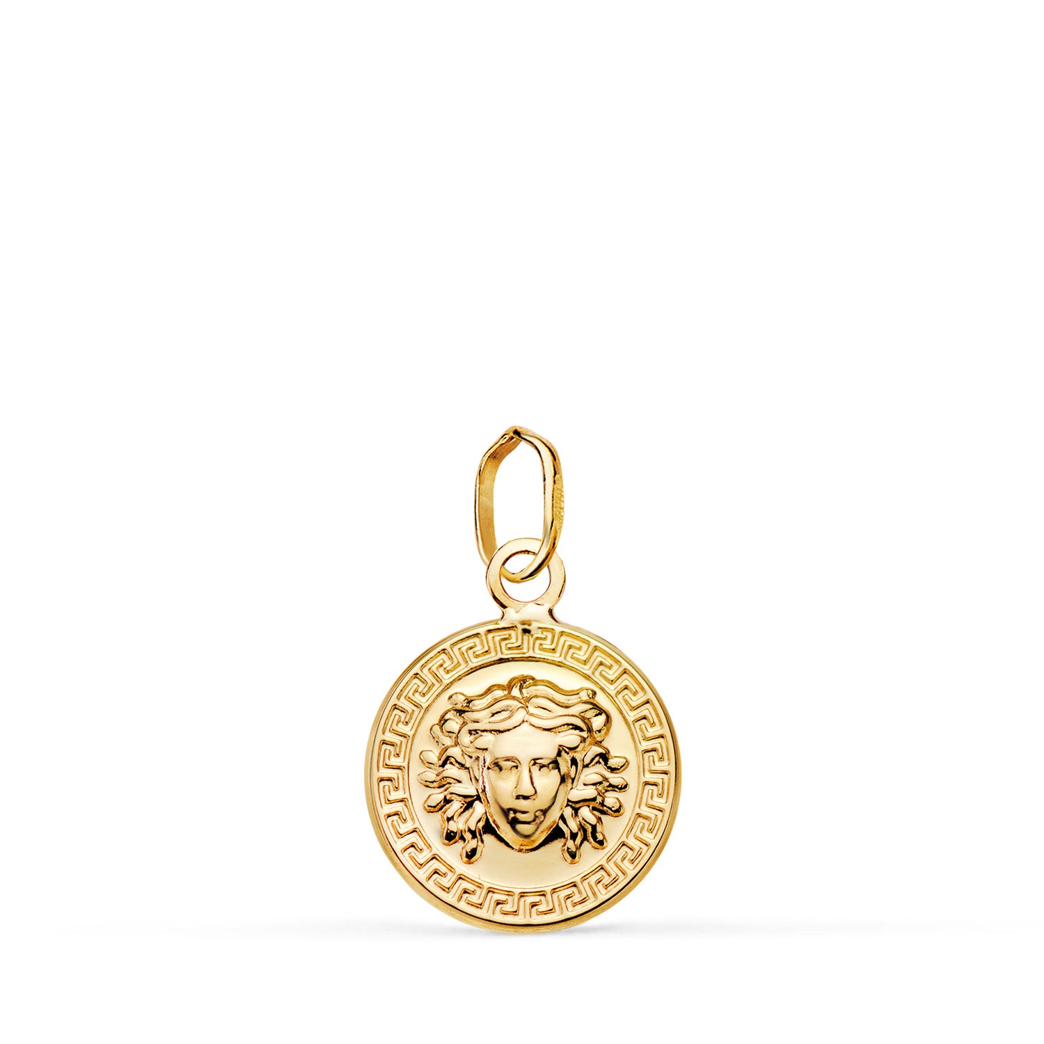 18 K sárga arany Medusa Greca Brillo érem Mérete: 12 mm