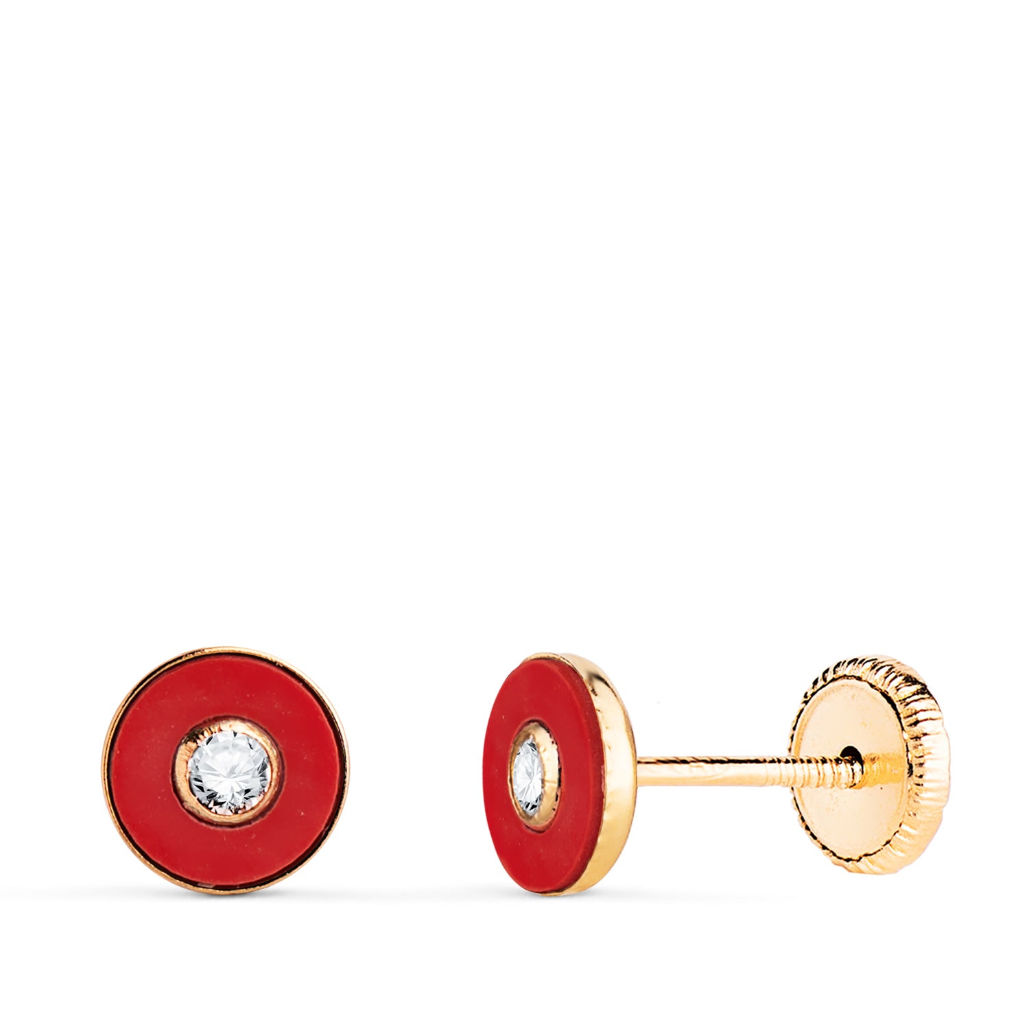 Boucles d'oreilles Or Jaune 18K Corail Synthétique Rond avec Zircon Taille : 5,5MM Fermoir a Vis