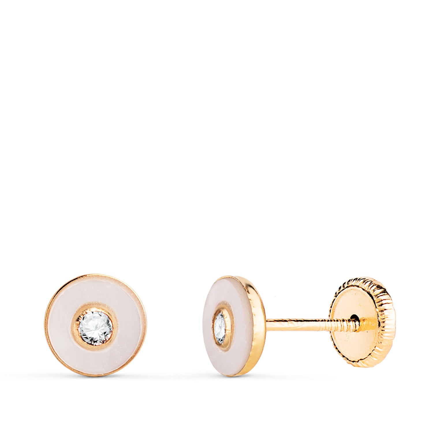 Boucles d'oreilles Or Jaune 18K Nacre Ronde avec Zirconia Taille : 5,5MM Fermoir a Vis