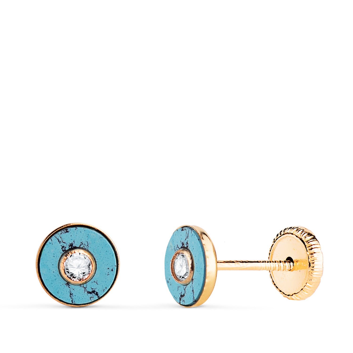 Boucles d'oreilles Or Jaune 18K Turquoise Synthétique Ronde avec Zircon Cubique Taille : 5,5MM Fermoir a Vis