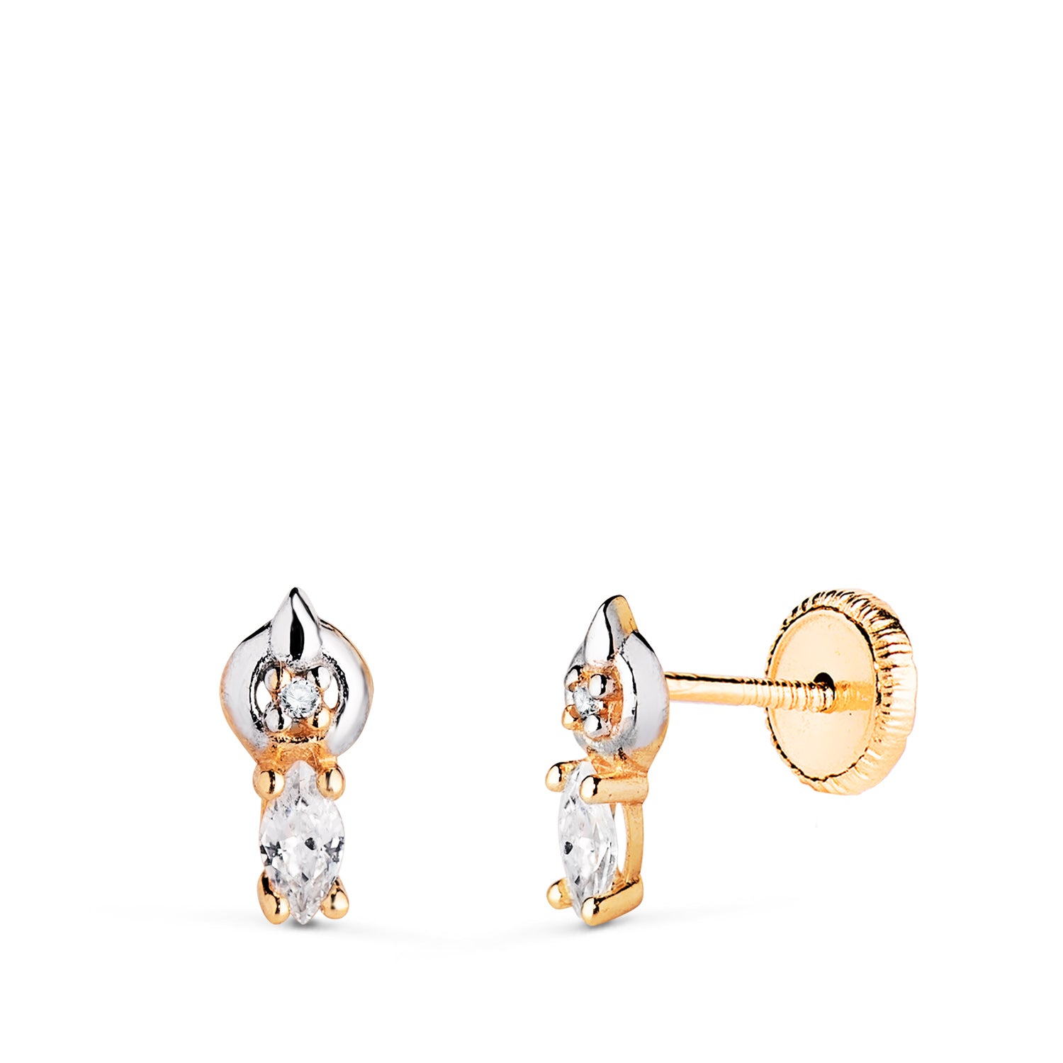 18K Two-tone Gold Earrings with Zirconia Pattern Size: 8 x 4 mm Screw Clasp