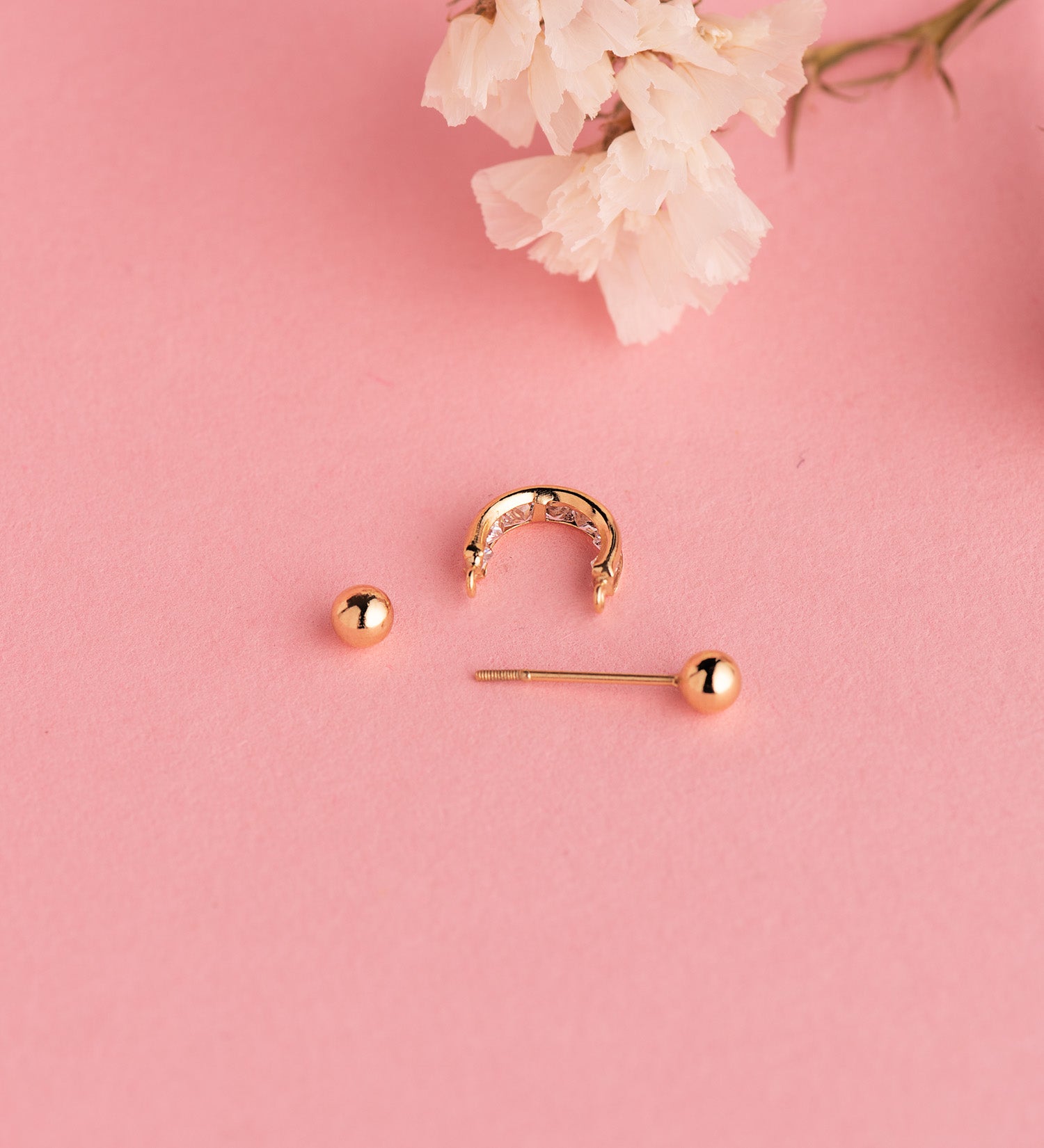 Perceur Doreille Demi-cercle en Or Jaune 18K avec Zircone Carrée et Deux Perles Cercle : 11X3MM