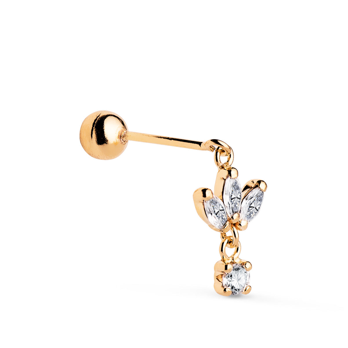 Piercing Doreille en Or Jaune 18K avec 4 Zirconias Taille : 12 X 7 mm Fermoir à Bille 4 mm
