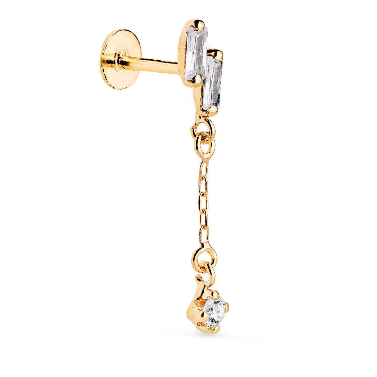 Perçage Doreille en Or Jaune 18K avec 2 Zirconias Baguette et Chaîne de 120 mm Dépaisseur Taille de la Barre : 24 X 4 mm Fermoir a Vis