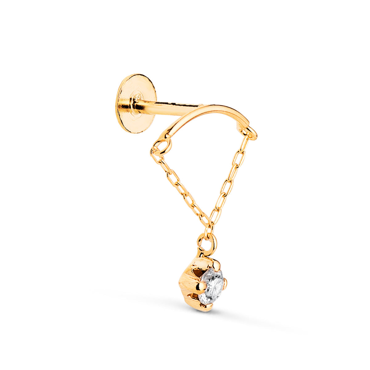 Piercing Doreille Courbe en Or Jaune 18K avec Chaîne et Zircone Barre Épaisse 120 mm Taille : 15 X 12 mm Fermeture Par Écrou