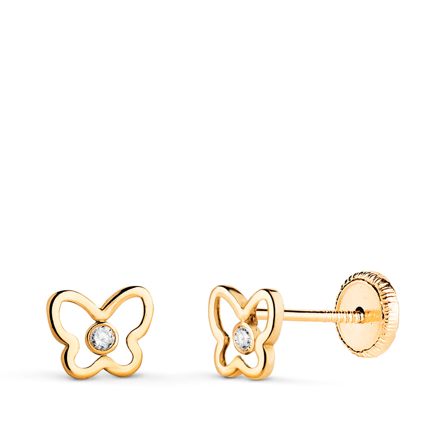 Boucles d'oreilles en Or Jaune 18K Papillon Ajouré avec Zircon Taille : 6,5 X 5 mm Fermoir a Vis