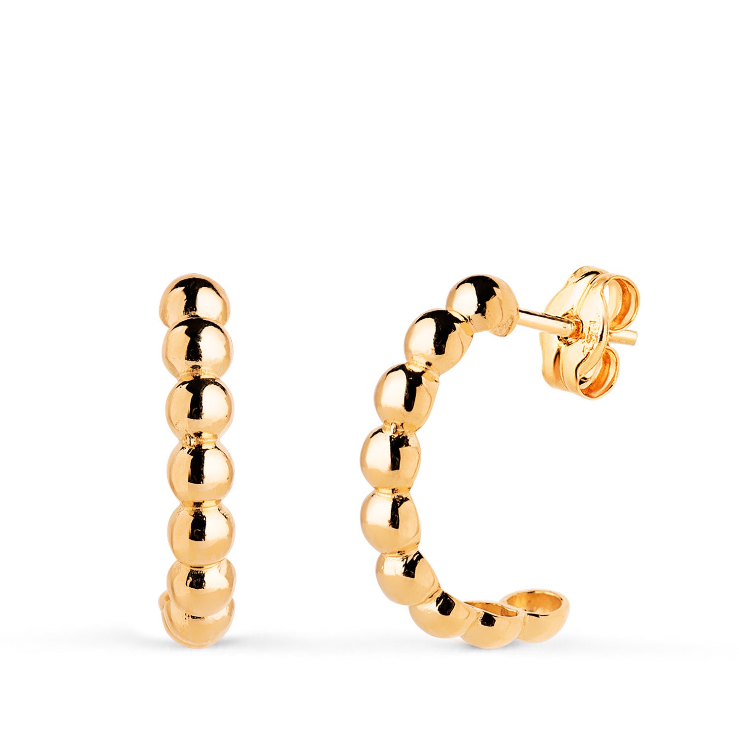 Boucles d'oreilles en Or Jaune 18K Créoles Demi Ouvertes avec Boules Brillantes Mesure: 15X3 mm Fermeture à Pression