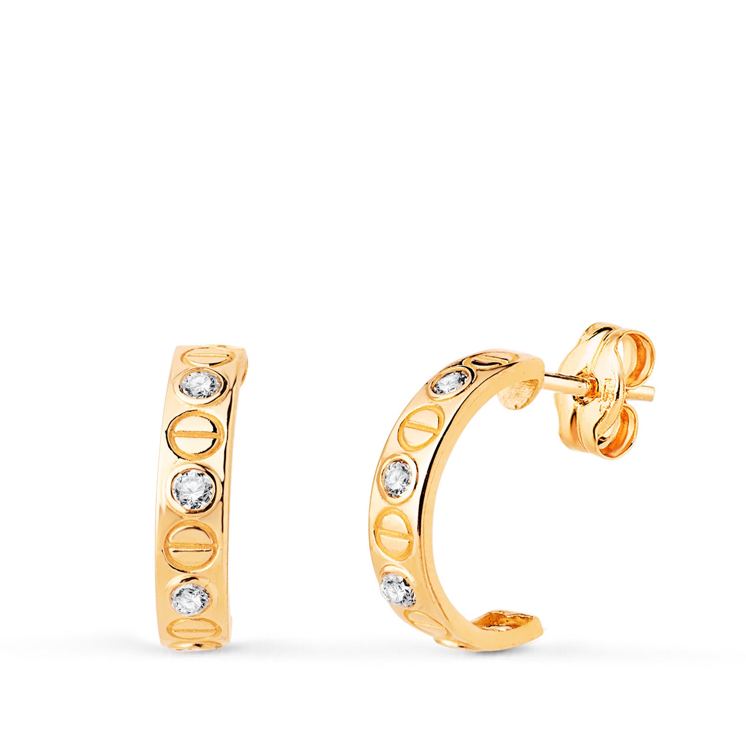 Boucles d'oreilles en Or Jaune 18K Demi Ouvertes avec Vis et Zirconies Brillantes Mesure: 12X3 mm Fermoir Poussette Papillon