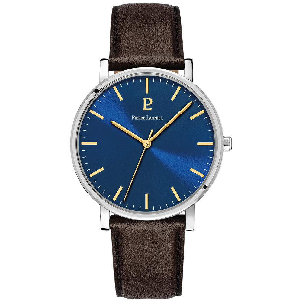 Montre homme Pierre Lannier ESSENTIAL boîtier argenté bracelet cuir brun 217G164