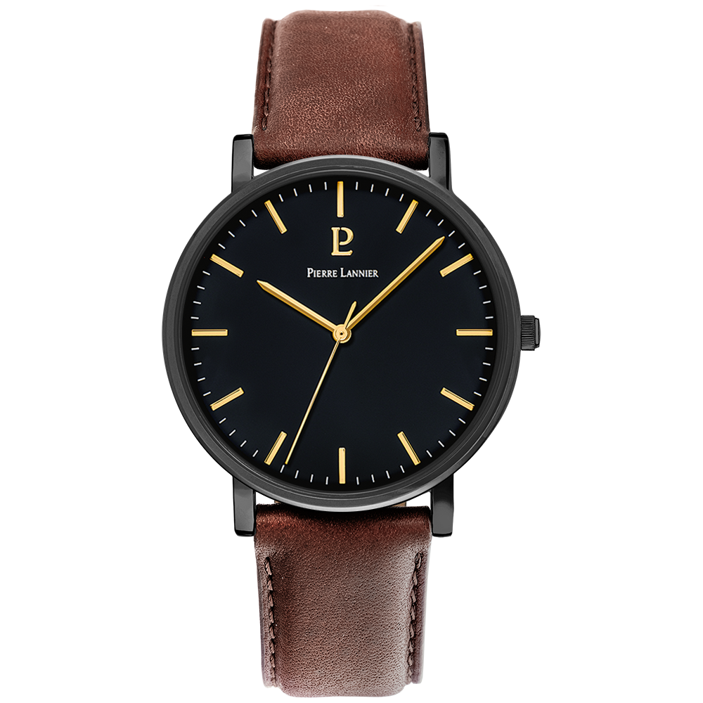 Montre homme Pierre Lannier ESSENTIAL boîtier noir bracelet cuir brun 218F434
