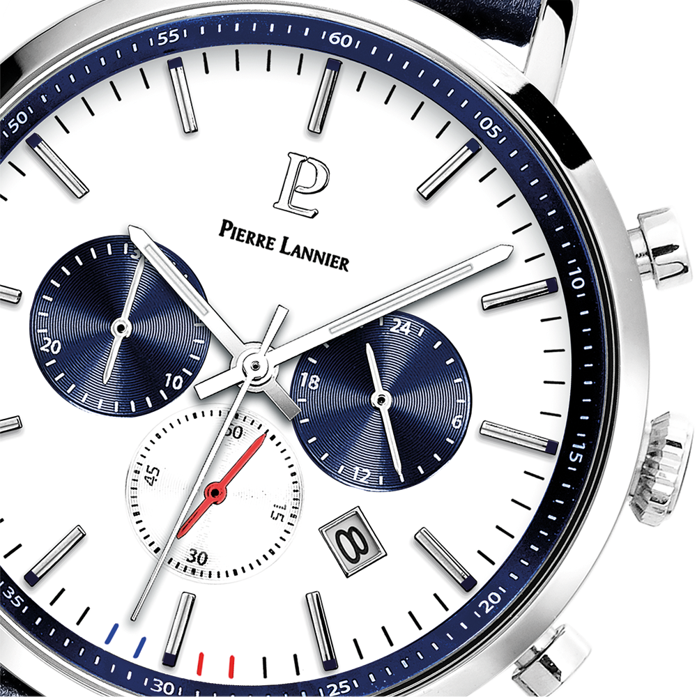قرص أبيض شبه لامع، عقارب حمراء، إطار فضي Pierre Lannier 219G106