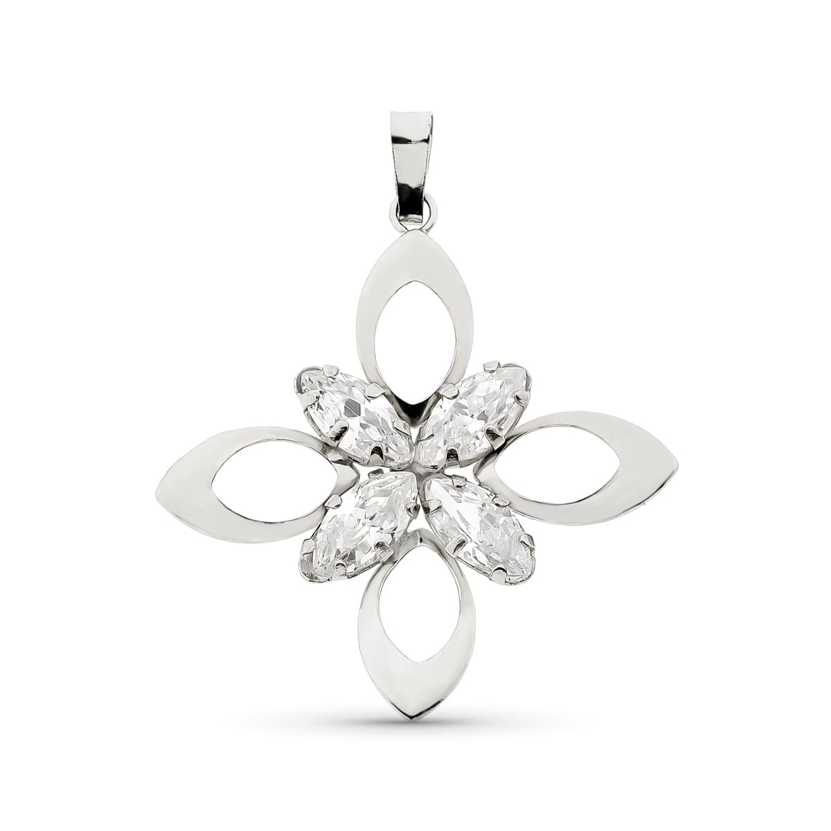 18K Pendentif Or Blanc Fleur Pierres 32 X 29 mm