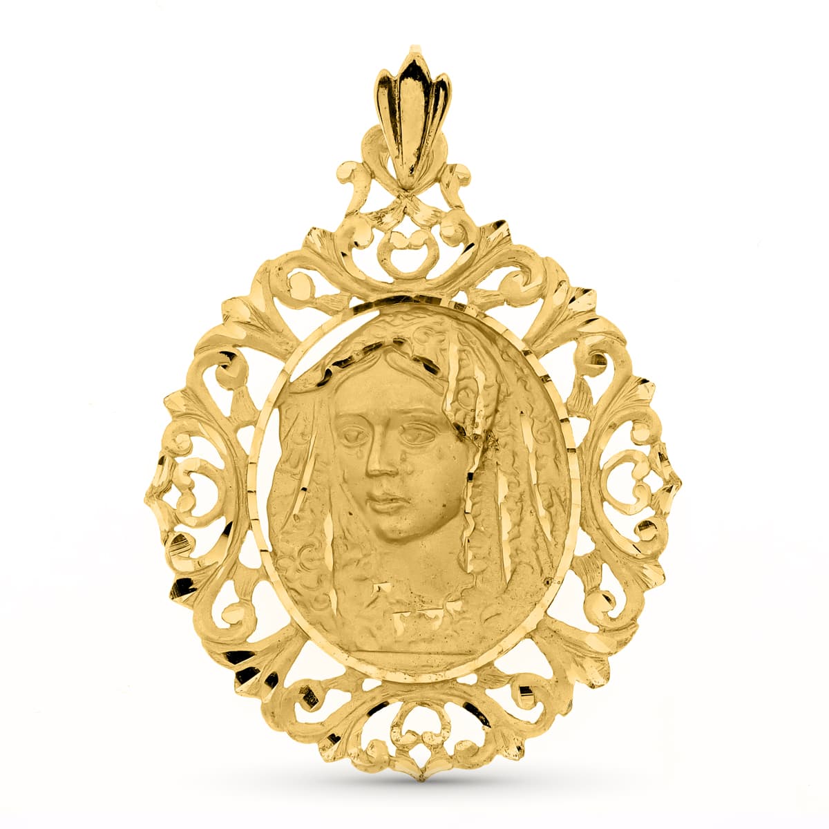 18K Médaille Vierge Macarena Entourée 52 X 42 mm