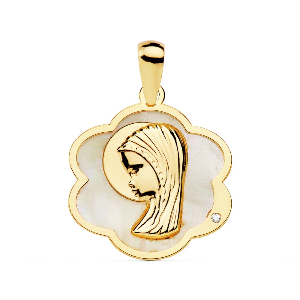 18K Médaille Or Jaune Fleur avec Vierge Enfant Nacre 18 X 17MM