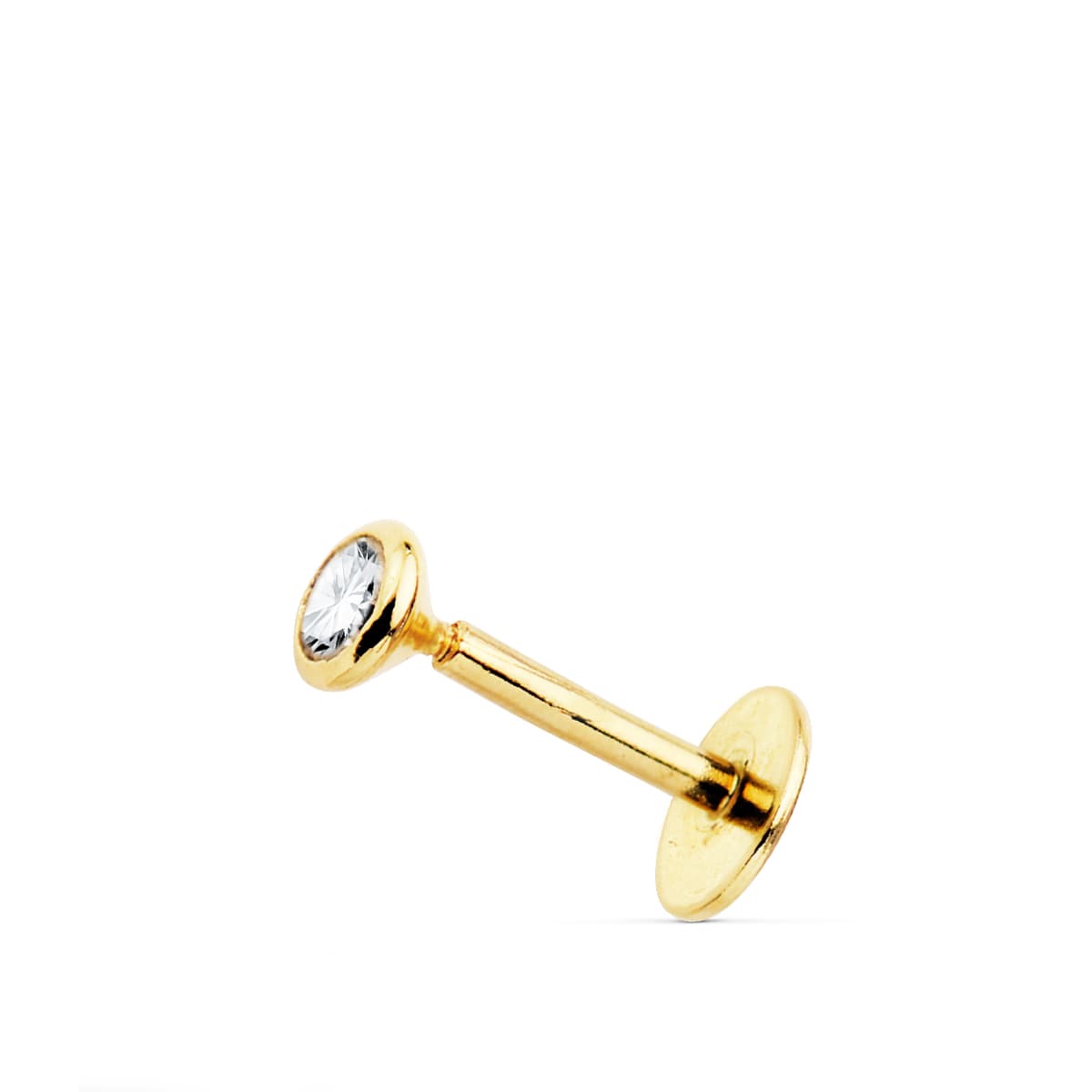 Piercing à Lèvres Or Jaune 18K Bouche Zircone Barre Dépaisseur 3 mm Longueur 120 mm Piercing Total 7 mm Fermoir a Vis 9 mm