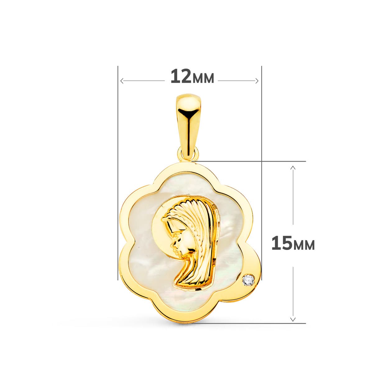 18K Virgin Child Medal Tvar mraku s perletí a zirkonem 15 X 12 mm